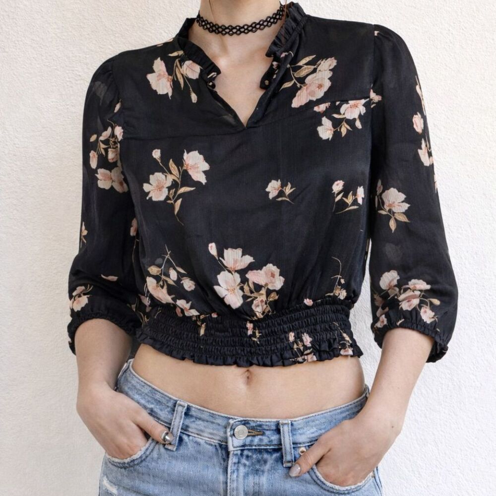 Monteau Black Floral Puff Blouse Top Medium Retro '90s Style Casual Fashion Look